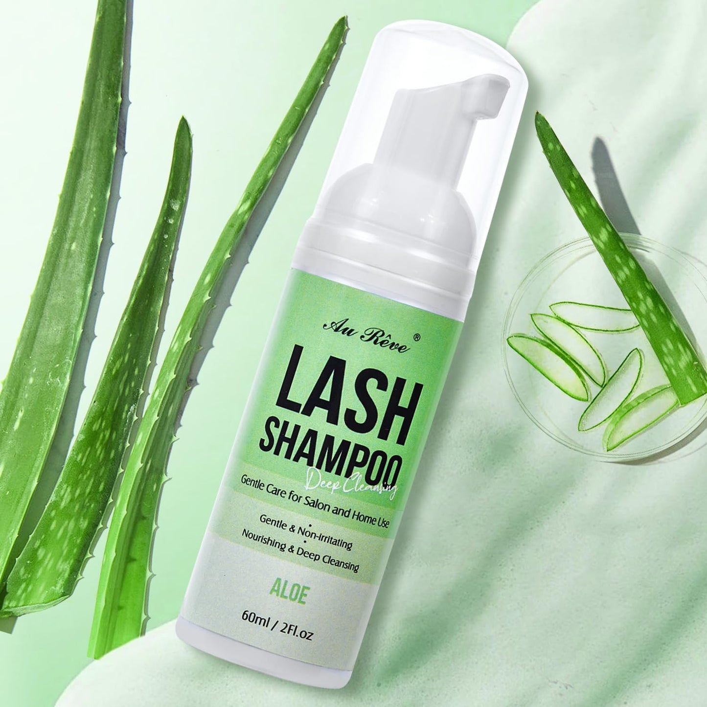 Lash Shampoo for Lash Extensions 60 Ml/2fl.oz Eyelash Extension Cleanser Oil Free Lash Cleanser for Eyelash Care, Gentle Foaming Eyelash Shampoo with Brush for Salon Home Care (Aloe 60ml)