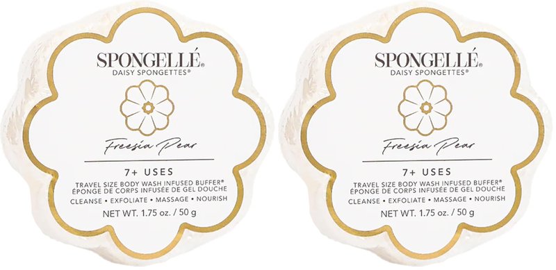 Spongelle Freesia Pear Spongette Loofah Body Scrubber | Bath & Shower Loofah for Women | Body Scrubber Exfoliator with Body Wash Infused Sponge | 5+ uses | Fresh Freesia, Juicy Pear & Musk (Pack of 2)