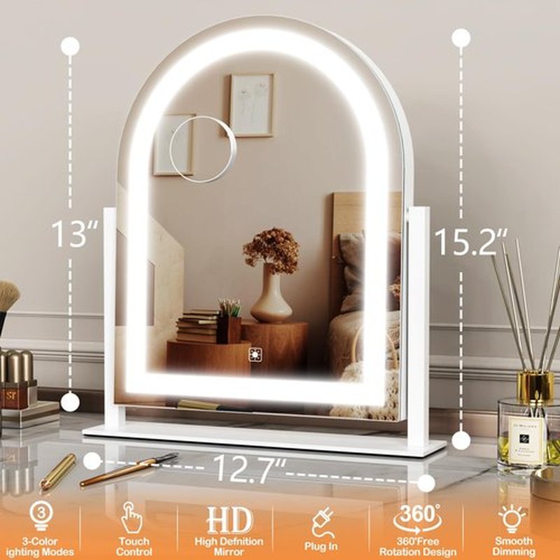 Gvnkvn Lighted Makeup Mirror, Hollywood Vanity Mirror with Lights, Three Color Lighting Modes, and Detachable 10X Magnification Mirror, Smart Touch Control, 360°Rotation (15.2in White)