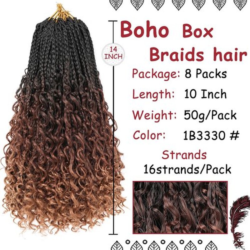 Beverlee 14 Inch Boho Box Braids 8 Packs Goddess Box Braids Crochet Hair Bohemian Hippie Braids Braiding Hair Box Braids with Curly Ends Messy Pre-looped Synthetic Crochet Hair for Women 128 Strands