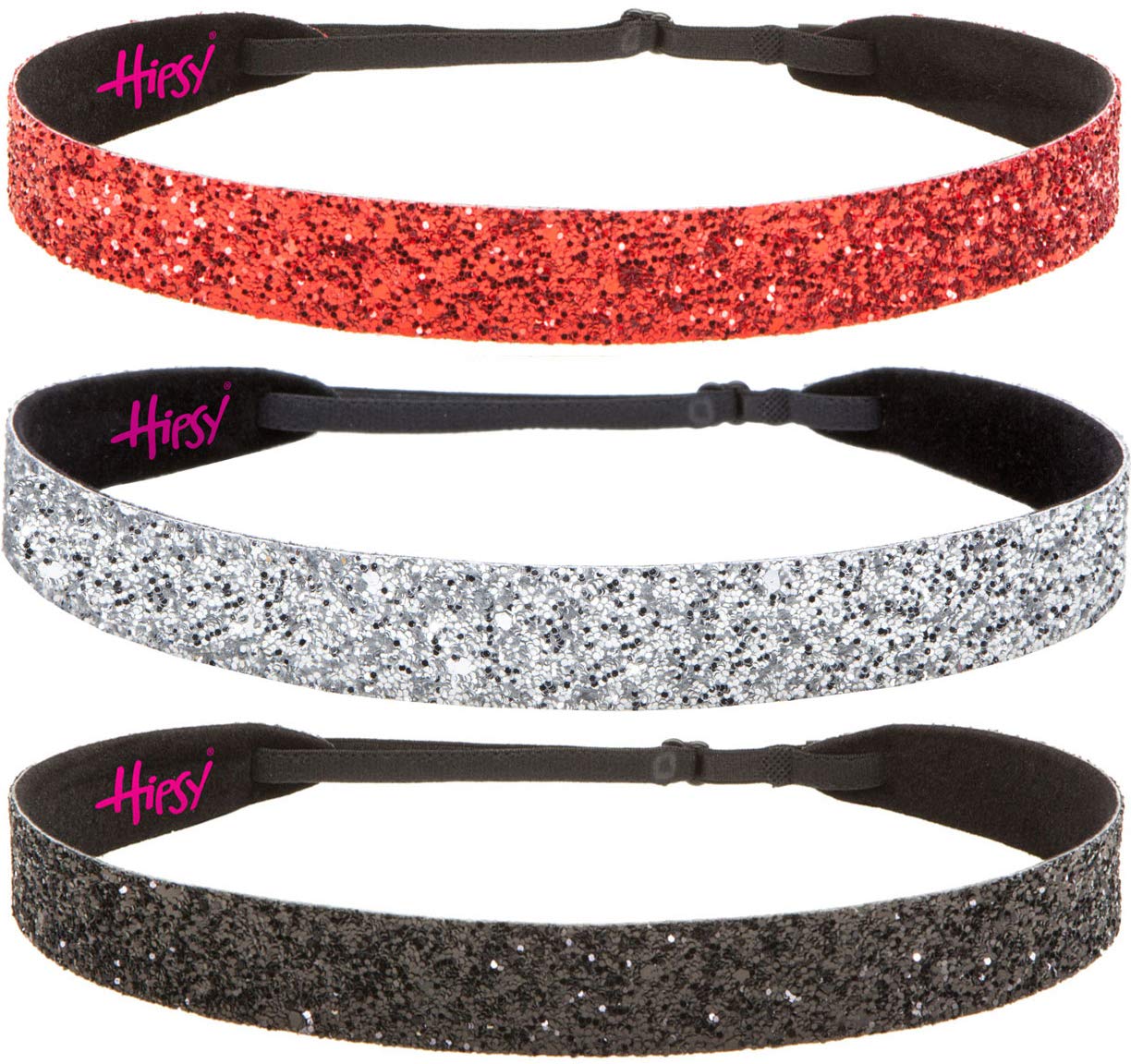 Hipsy Women's Adjustable NON SLIP Wide Bling Glitter Headband Hair Band Pack (Black/Silver/Red 3pk)