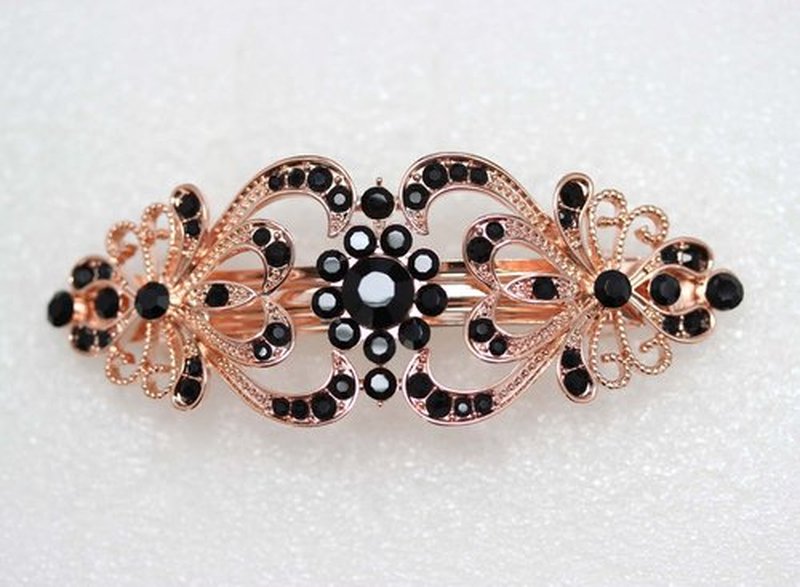 Faship Black Crystal Rose Gold Plated Hearts And Floral Hair Barrette