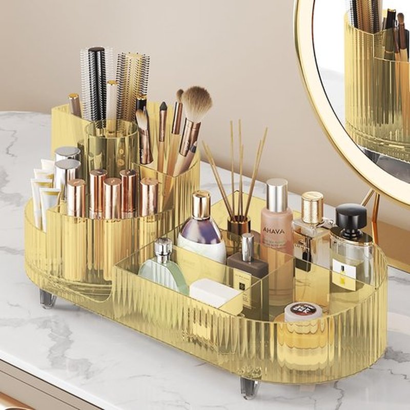 Makeup Organizer Countertop Rotating Makeup Organizer for Vanity Large Capacity Cosmetic Display Case with Makeup Brush Holder Cosmetic Organizer Countertop(Amber