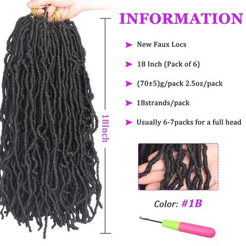 ZRQ 18 Inch 6 Packs New Faux Locs Crochet Hair 108 Strands Pre-Looped Wavy Black Soft Faux Locs Crochet Braiding Hair for Women Dreadlocks Hair Synthetic Hair Extensions (18 Inch,1B#)