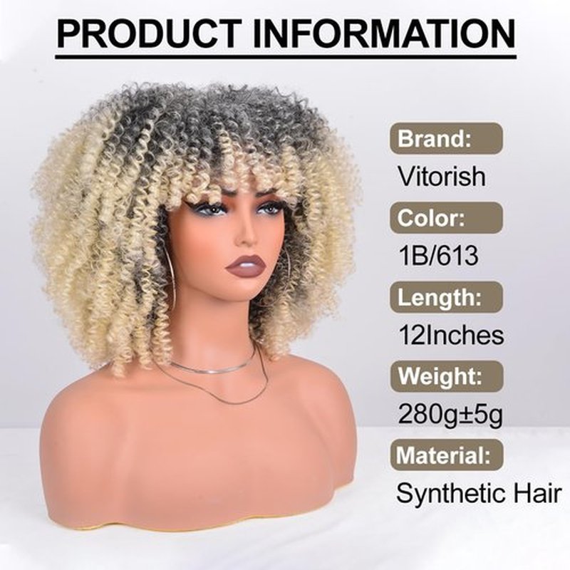 Afro Bomb Curly Wigs with Bangs 12 Inches Heat Resistant African Wig Bouncy Fluffy about 280g/Piece Short Kinky Curly Synthetic Hair Wig for Black Women (Black to Blonde)