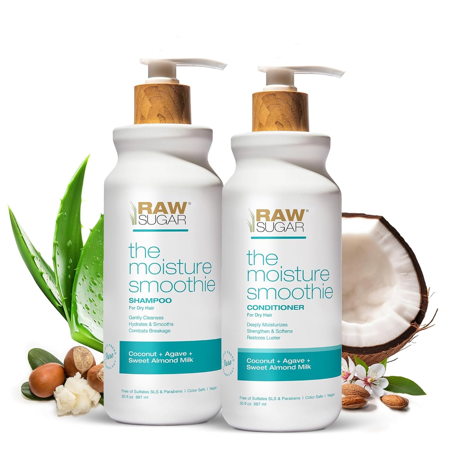 Raw Sugar Moisture Smoothie Shampoo and Conditioner Set, Moisturize & Nourish Dry Hair, Bulk Shampoo and Conditioner with Coconut Oil, Agave & Sweet Almond Oil, Formulated without Sulfates & Parabens
