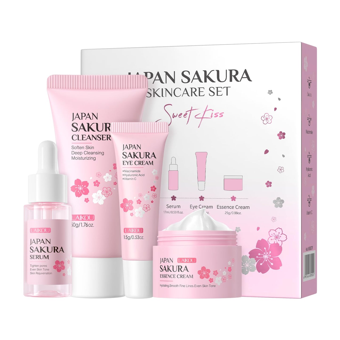 Skin Care Set, Facial Skin Care Products, Skin Care Kit with Sakura Serum, Cleanser, Eye Cream, Essence Cream 4pcs for Women Teen Girls Mom Daughter Lover Mother's Day Birthday Christmas