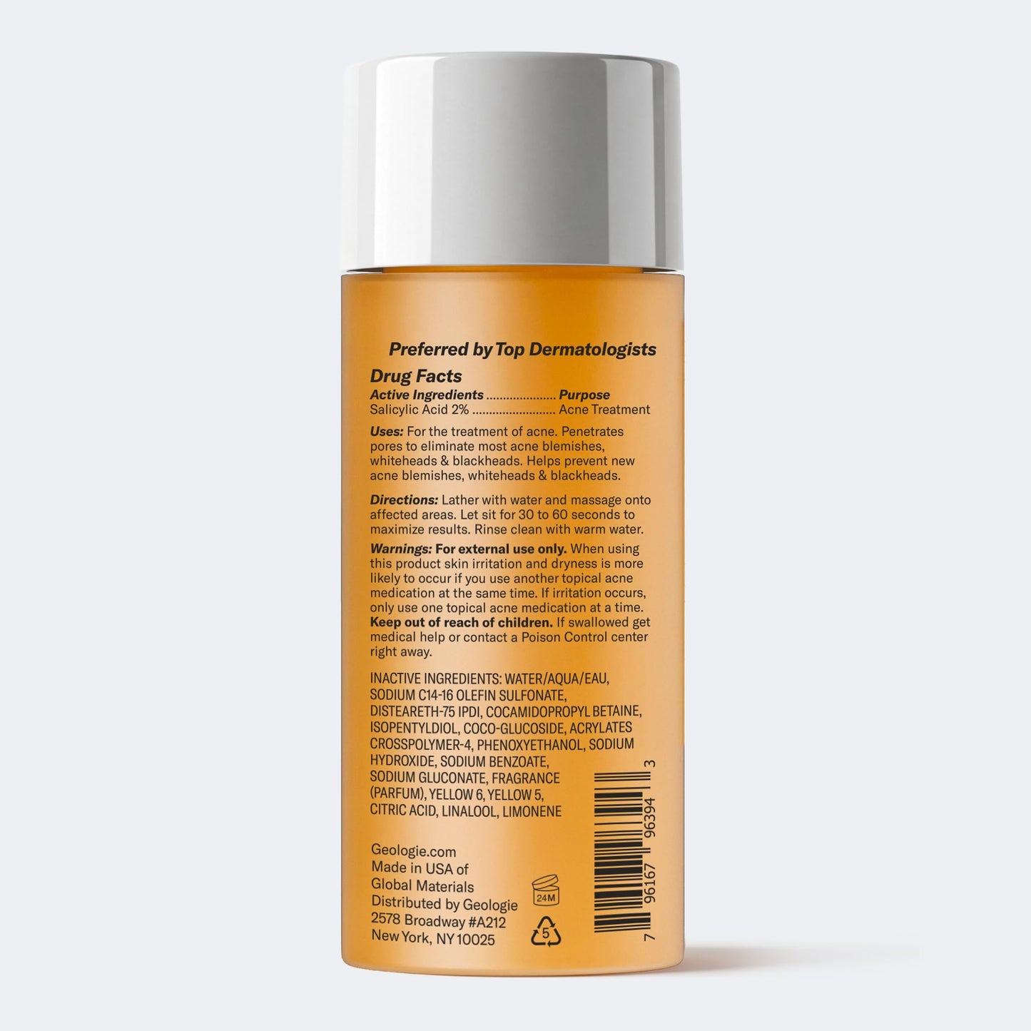 Geologie Acne Control Face Wash | 2% Salicylic Acid Exfoliating Cleanser | Clears Skin, Controls Oil & Prevents Breakouts | Clean Citrus Scent | For Men & Women | 6 fl oz