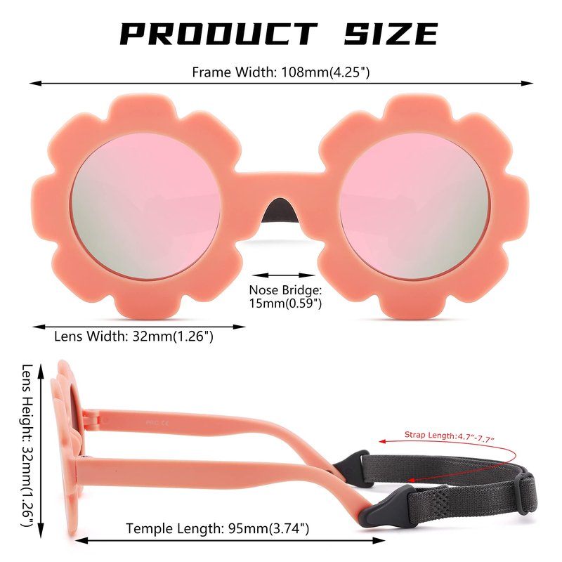 Bouryo Flexible Baby Polarized Flower Sunglasses with Strap Bendable Frame for Infant Boys Girls Ages 0-24 Months (B3 White/Purple Red Mirror + Pink/Pink Mirror)