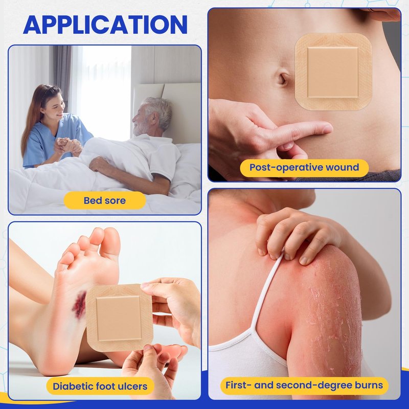 10 Pack Silicone Foam Dressing 4"x4" with Adhesive Border, High Absorbency Silicone Bandages, Waterproof Foam Bandages for Wounds Care, Bed Sore, Diabetic Foot Ulcers