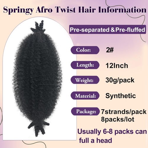 Sunsmilely Springy Afro Twist Hair 12 Inch Marley Hair 8 Packs Kinky Twist Braiding Hair for Soft Locs Color 2 Pre Fluffed Marley Twist Braiding Hair Synthetic Kinky Curly Braiding Hair Extensions