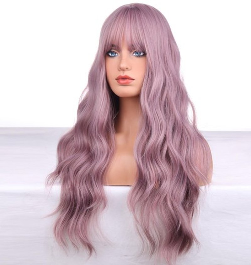 BERON 26 Inches Purple Wig Long Curly Wig Taro Purple Wigs with Bangs Long Wavy Dust Purple Wigs for Halloween Party