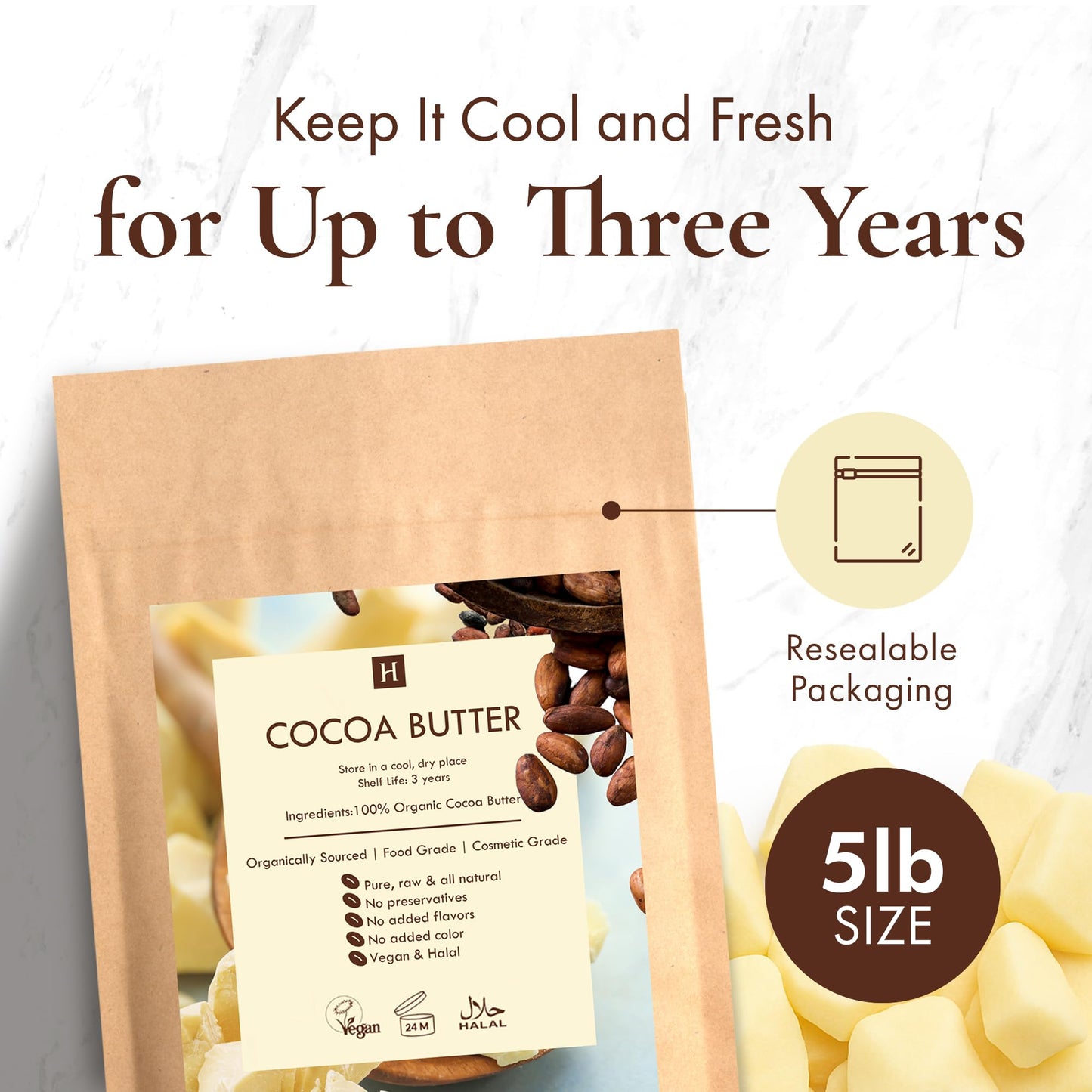 HalalEveryDay Raw Cocoa Butter 5 lb, Unrefined Cacao Butter (Manteca de Cacao) for Skin & DIY, Undeodorized Cocoa Bean Butter for Soap Making, Lotion, Cream & Lip Balm