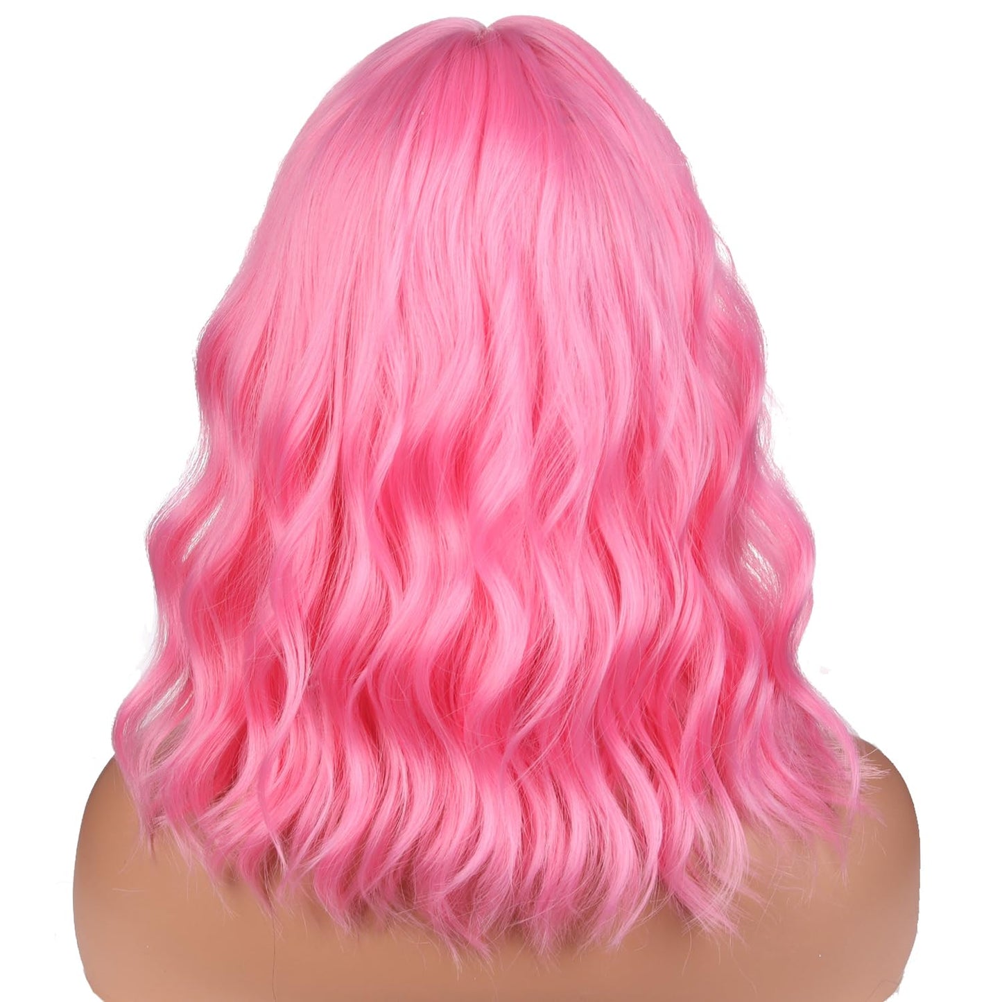 BERON 14 Inches Pink Wig for Women Short Curly Wig Pink Wig with Bangs Pink Bob Wig for Daily Party Wig Cap Include