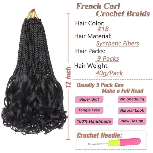 RuiYok 12 Inch French Curl Crochet Braids 9 Packs Black Goddess Box Braids Pre Looped Crochet Hair with Bouncy Curly Ends Synthetic French Curly Braiding Hair for Women