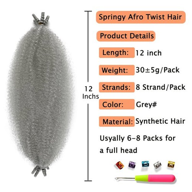 Marley Twist Braiding Hair, Pre-Separated Springy Afro Twist Hair Kinky Twist Crochet Hair Braids for Distressed Soft Locs Spring Twist Hair for Women (Grey, 12 Inch(Pack of 3))
