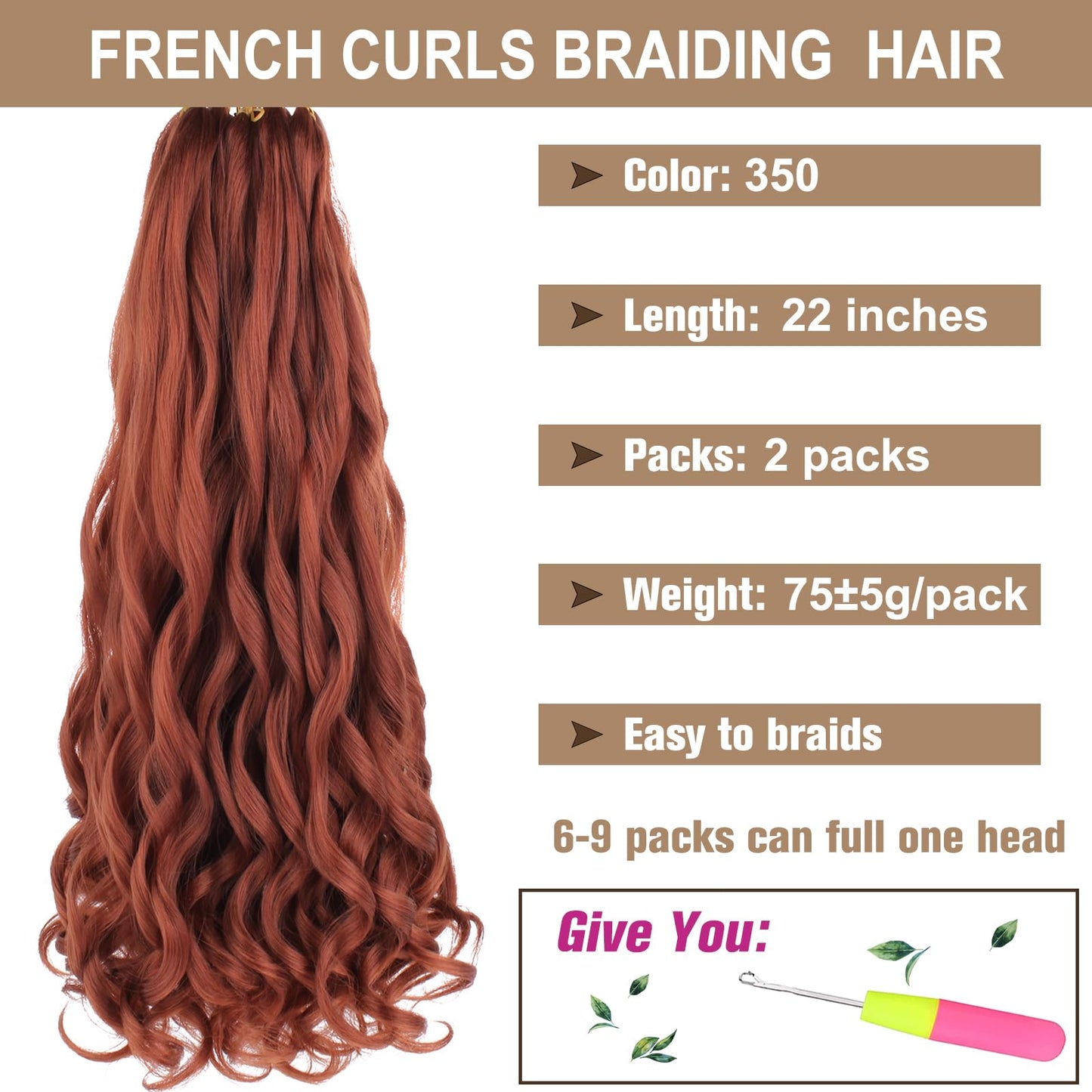 COOKOO 22 Inch Ginger French Curly Braiding Hair 2 Pack Soft Bouncy Braids Hair 75g/pack Natural Curly Braiding Hair French Curls Synthetic Hair Extention for Goddess Box Braids Crochet Hair 350#