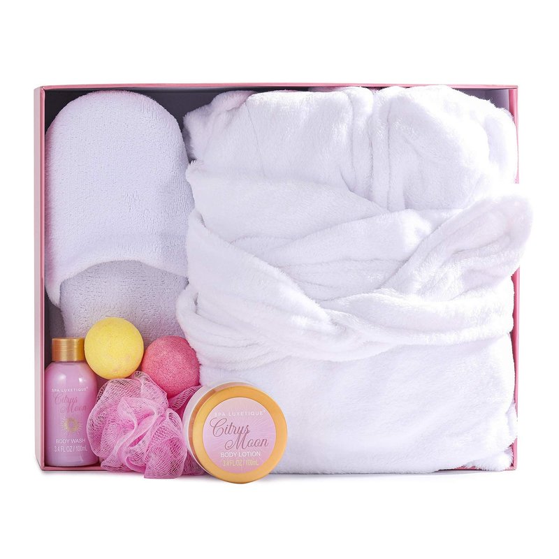 Spa Luxetique Robe and Slippers Set Women, Spa Robe for Women, 7 Pack Spa Gift Sets with Shower Gel, Body Lotion, Christmas Thanksgiven Day Birthday Gift Basket for Women with Robe White