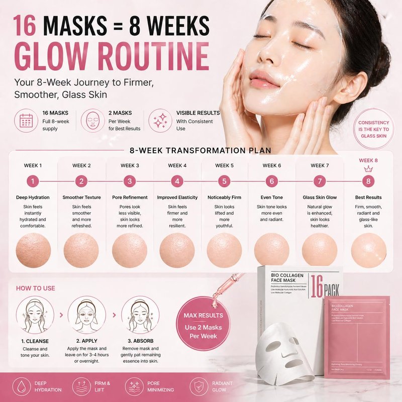 Bsovira Bio Collagen Face Mask 16 Pack – Hyaluronic Acid Korean Sheet Mask