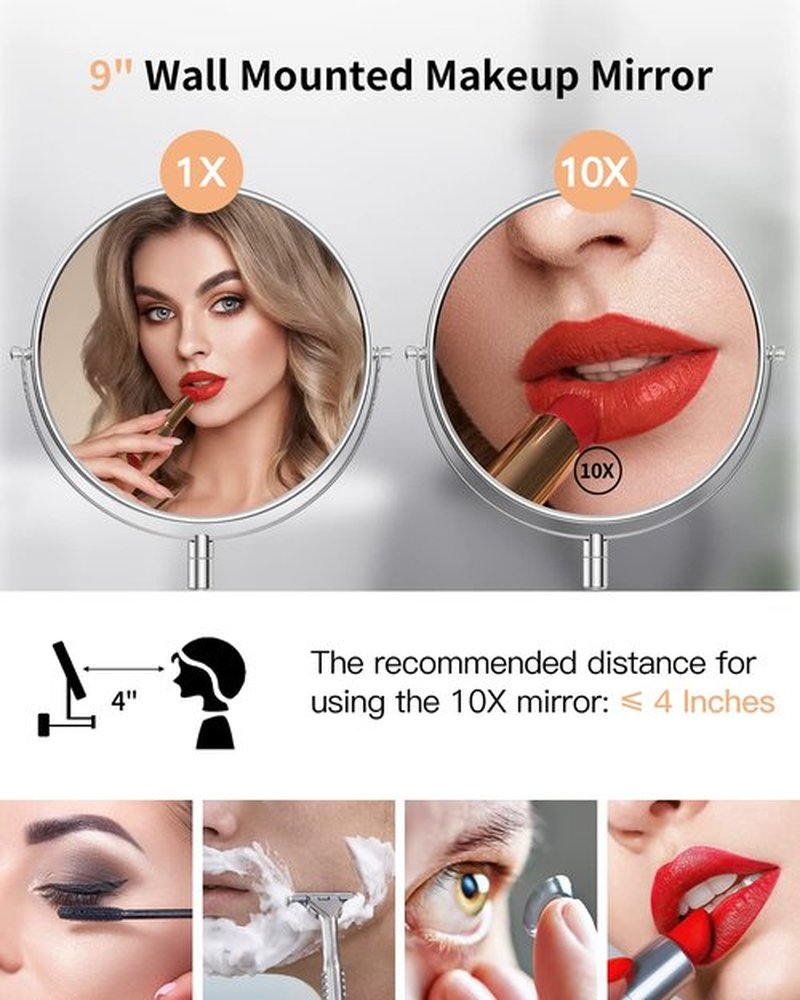 Gospire 9" Large Size Wall Mount Makeup Mirror with 1X/10X Magnification Double-Sided 360° Swivel Vanity Mirror,Chrome Polished Extendable Shaving Bathroom Wall Cosmetic Mirror for Men and Women