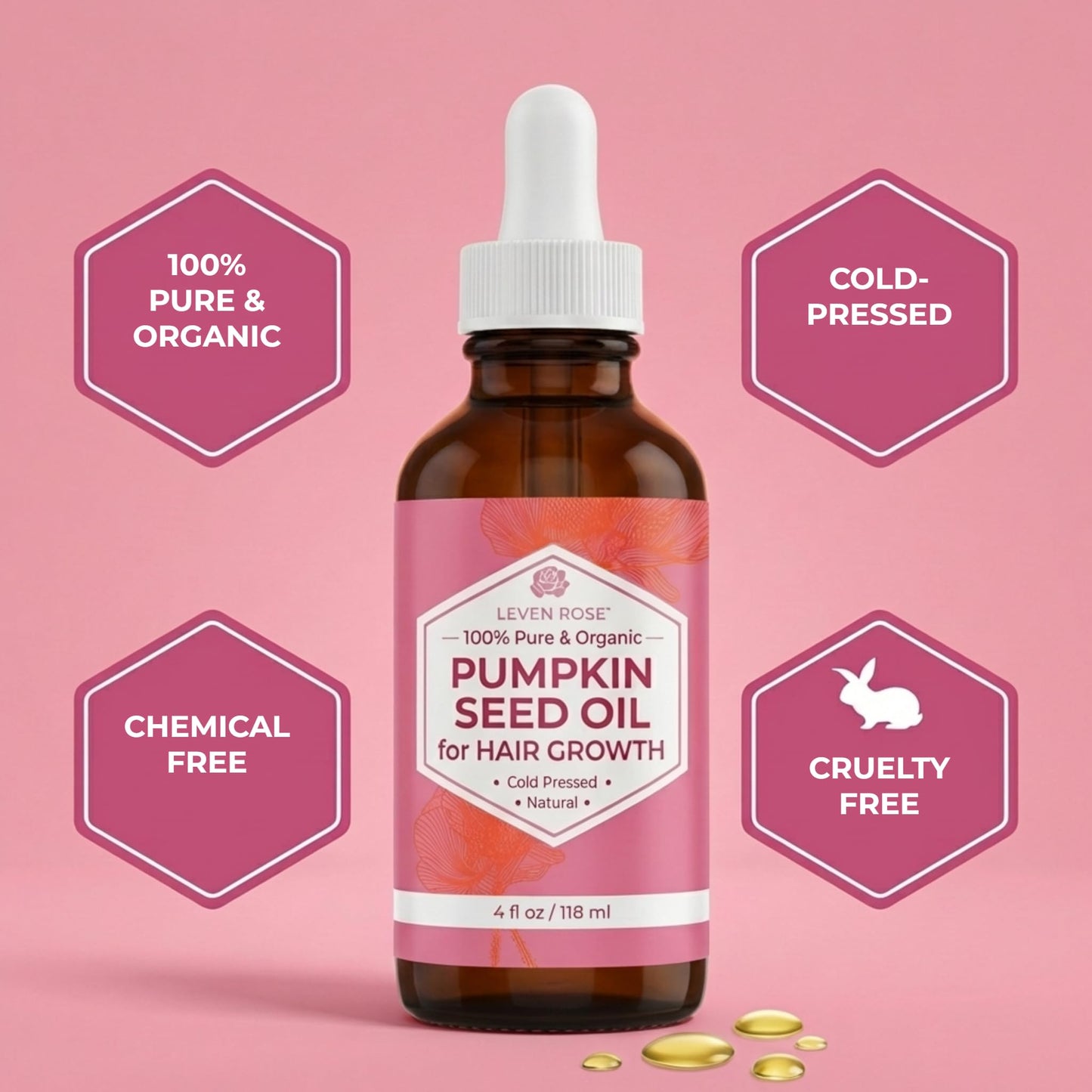 Leven Rose Organic Pumpkin Seed Oil, 4 oz, Pure Cold Pressed Unrefined Hexane Free Oil for Hair Growth, Scalp, Skin and Face, Made in USA with USA Grown Seeds