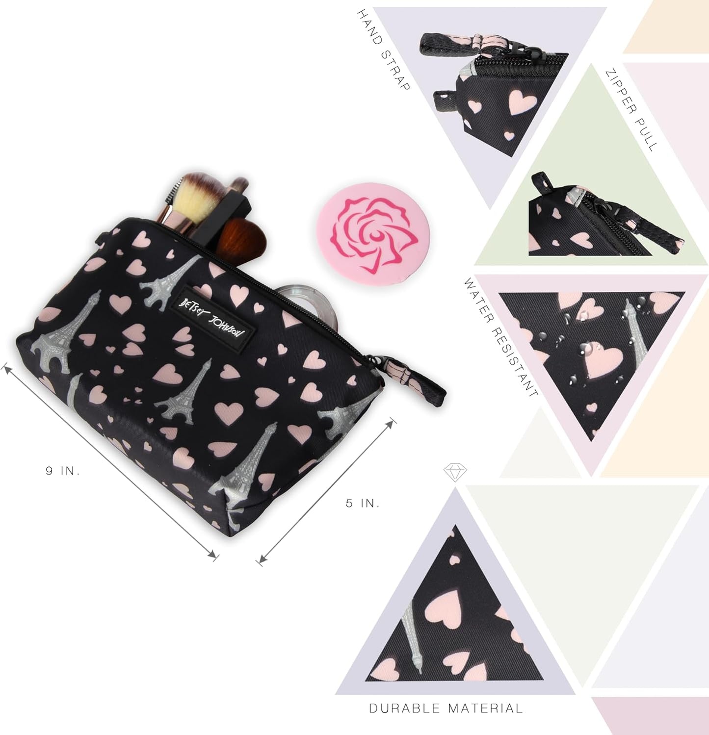 Betsey Johnson 8.5 Inch Zipper Cosmetic Pouch Small Toiletry Bag–Lightweight Durable Polyester Organizer with Inner Zipped Pocket Good For Makeup Accessories and Travel Needs (Covered Rose)