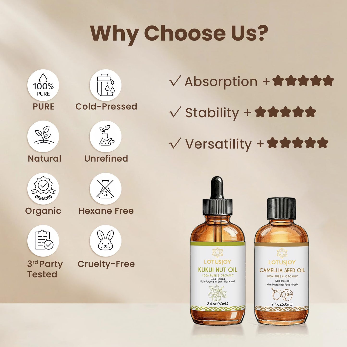 LOTUSJOY Kukui Nut Oil, 100% Pure, For Skin, Hair, Nails, 2 Oz