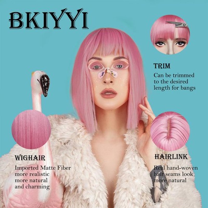 Pink Bob Wig with Bangs Short Pink Straight Wig for Women Heat Resistant Synthetic Natural Hair Wig Colorful Bob Wigs for Grils Daily Party Halloween Cosplay Use 13inch