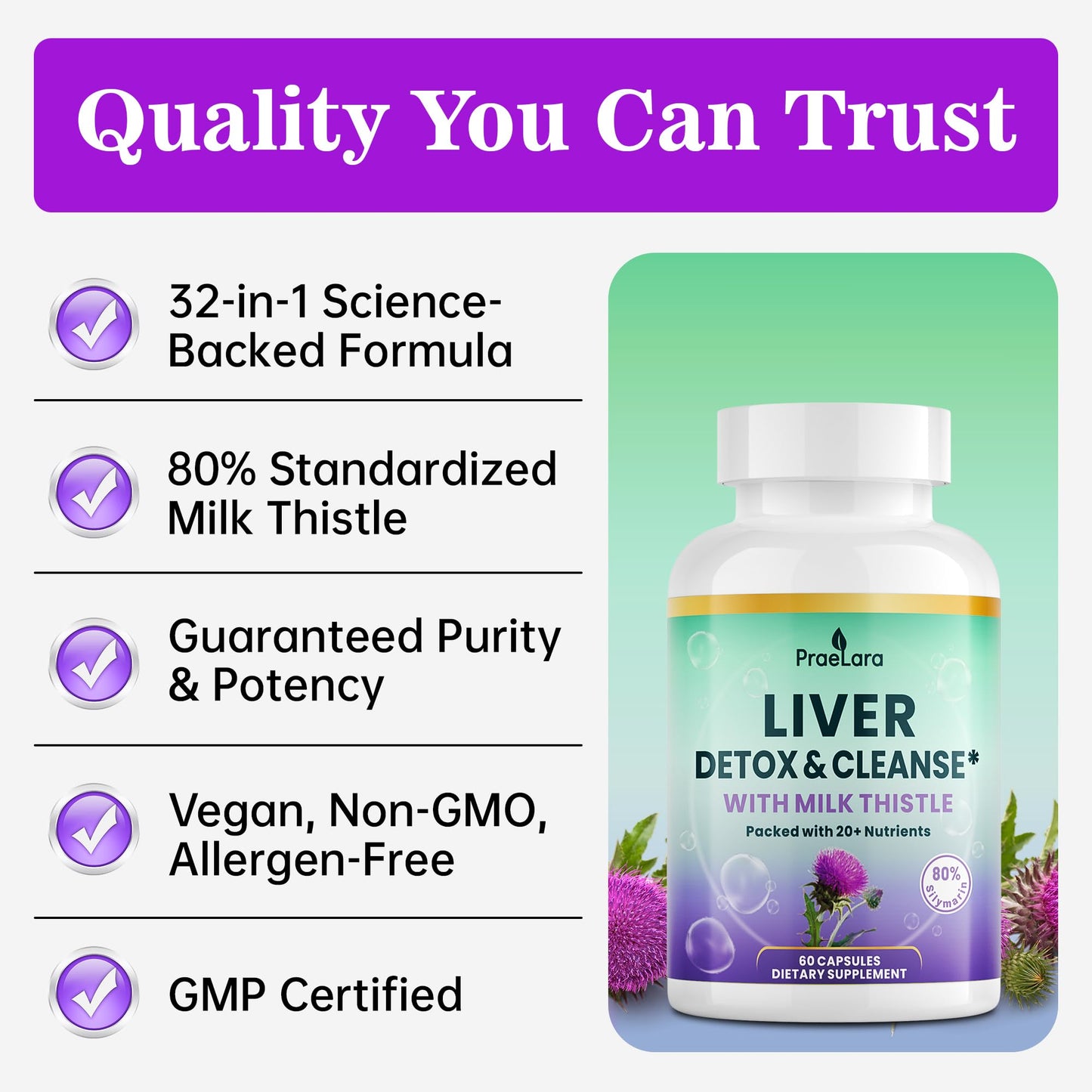 PRAELARA 32-in-1 Liver Cleanse Detox & Repair - Herbal Liver Health Support with Milk Thistle, Dandelion Root, Artichoke & Beetroot | 1250mg, Vegan, Non-GMO - 60 Capsules