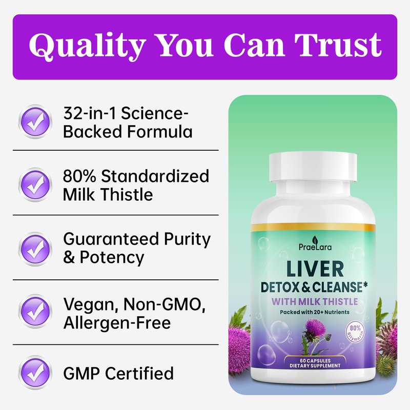 PRAELARA 32-in-1 Liver Cleanse Detox & Repair - Herbal Liver Health Support with Milk Thistle, Dandelion Root, Artichoke & Beetroot | 1250mg, Vegan, Non-GMO - 60 Capsules