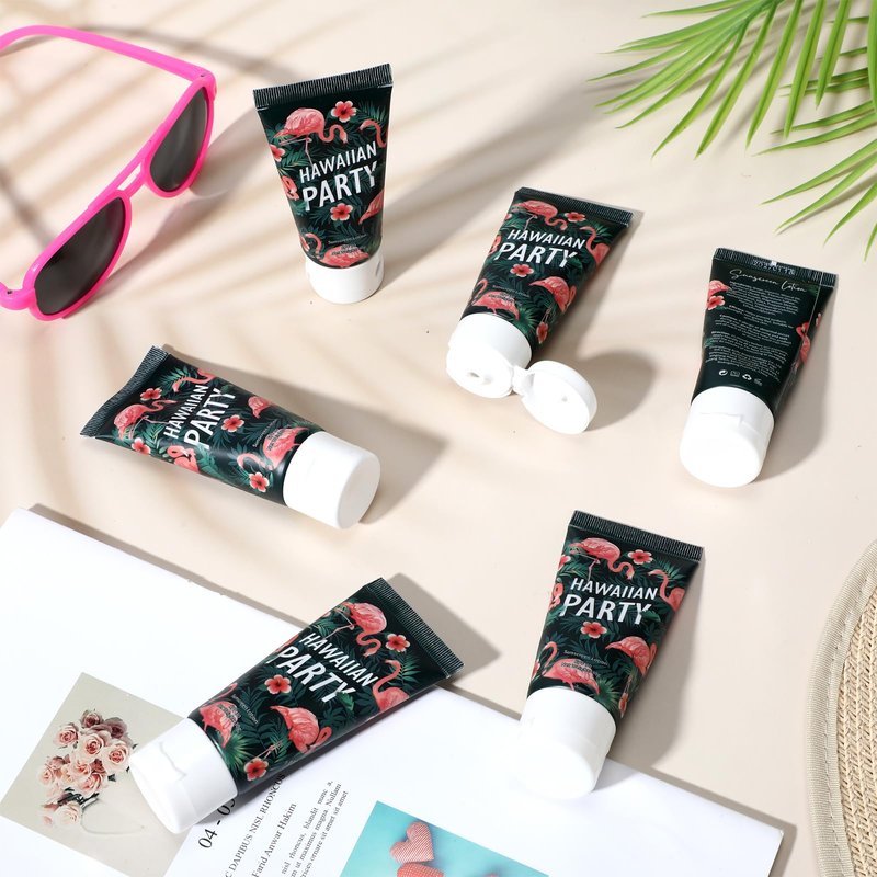 Dansib 12 Pcs Mini Sunscreen Bulk for Summer Party Wedding SPF 30 Water Resistant Sunscreen Lotion Bulk 1oz Travel Size for Thank You Gifts Wedding Supplies (Hawaiian Flamingo Party)