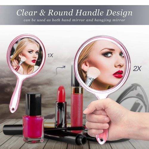Jetec Hand Mirror Double Sided Handheld Mirror 1X/ 2X Magnifying Mirror with Handle Mirror Rounded Shape Makeup Mirror (Pink)