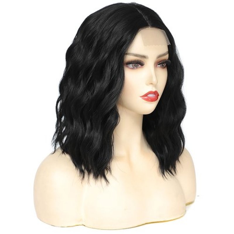 Rose bud Wavy Bob Wig Natural Wig Natural Black Synthetic Hair Shoulder Length Short Curly Middle Part Lace Front Wigs for Women