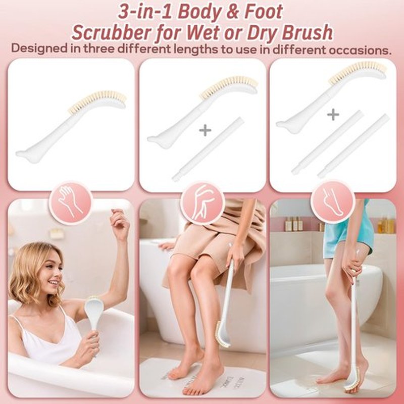 GEENOA New Foot Brush for Shower, 3-in-1 Foot Scrubber for Wet or Dry Brush, 10.2’’-27.5’’Adjustable Foot Scrub Brush, Foot File and Silicone Body Scrubber Set, Giftbox(Pink Kit)