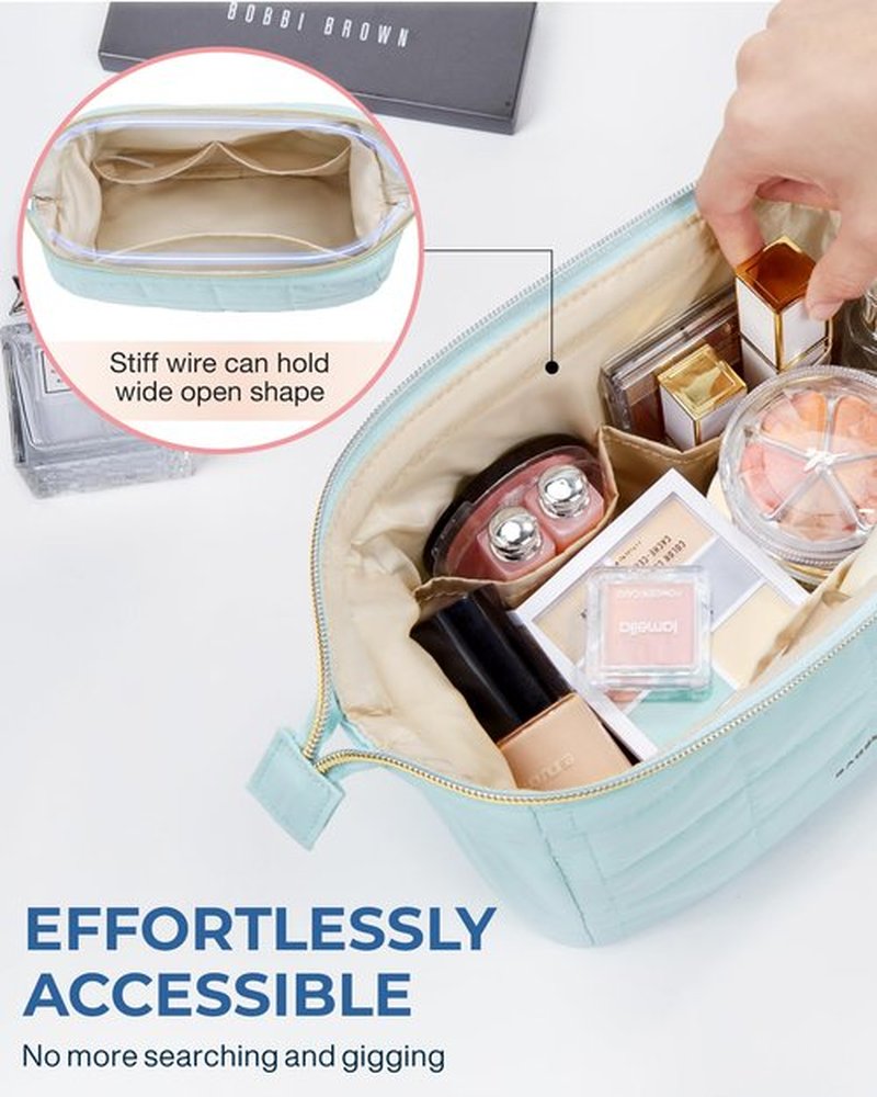 BAGSMART Makeup Bag Travel Toiletry Bag, Puffy Padded Make Up Bags for Women Makeup Organizer Case, Wide-open Pouch Purse Travel Essentials Toiletries Accessories Brushes, Light Blue