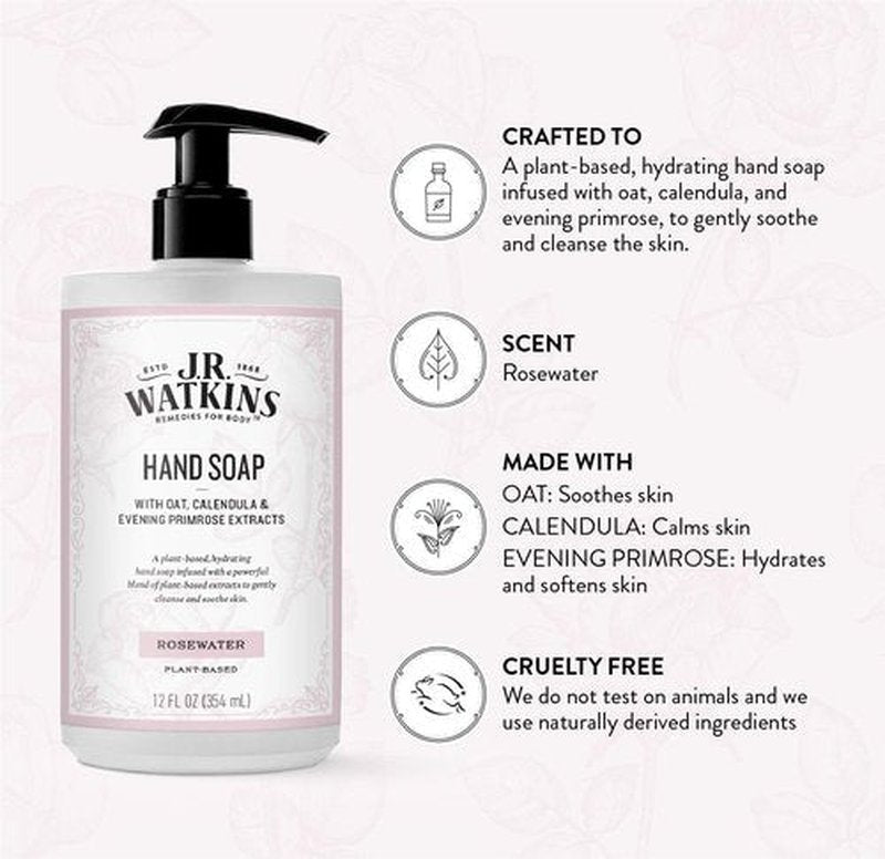 J R Watkins Moisturizing Gel Hand Soap, Rosewater, Plant Based Ingredients, 12 oz Pump