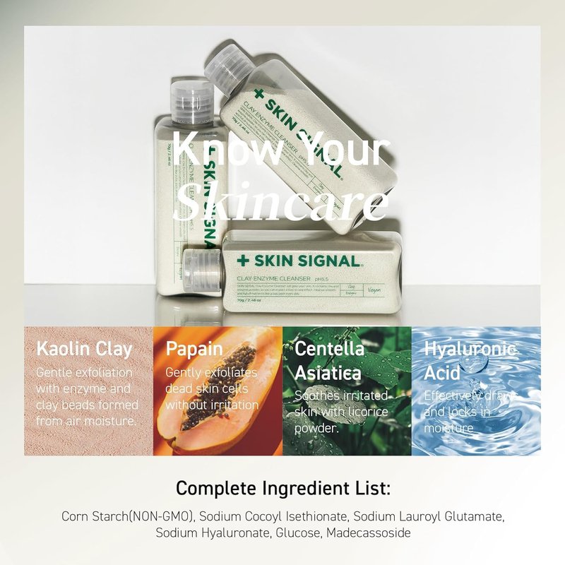 SKIN SIGNAL White Clay Enzyme Cleanser, Gentle Exfoliating Face Wash for Sensitive Skin, Deep Pore Facial Cleanser, Powder to Creamy Clay Mask, Korean Skin Care
