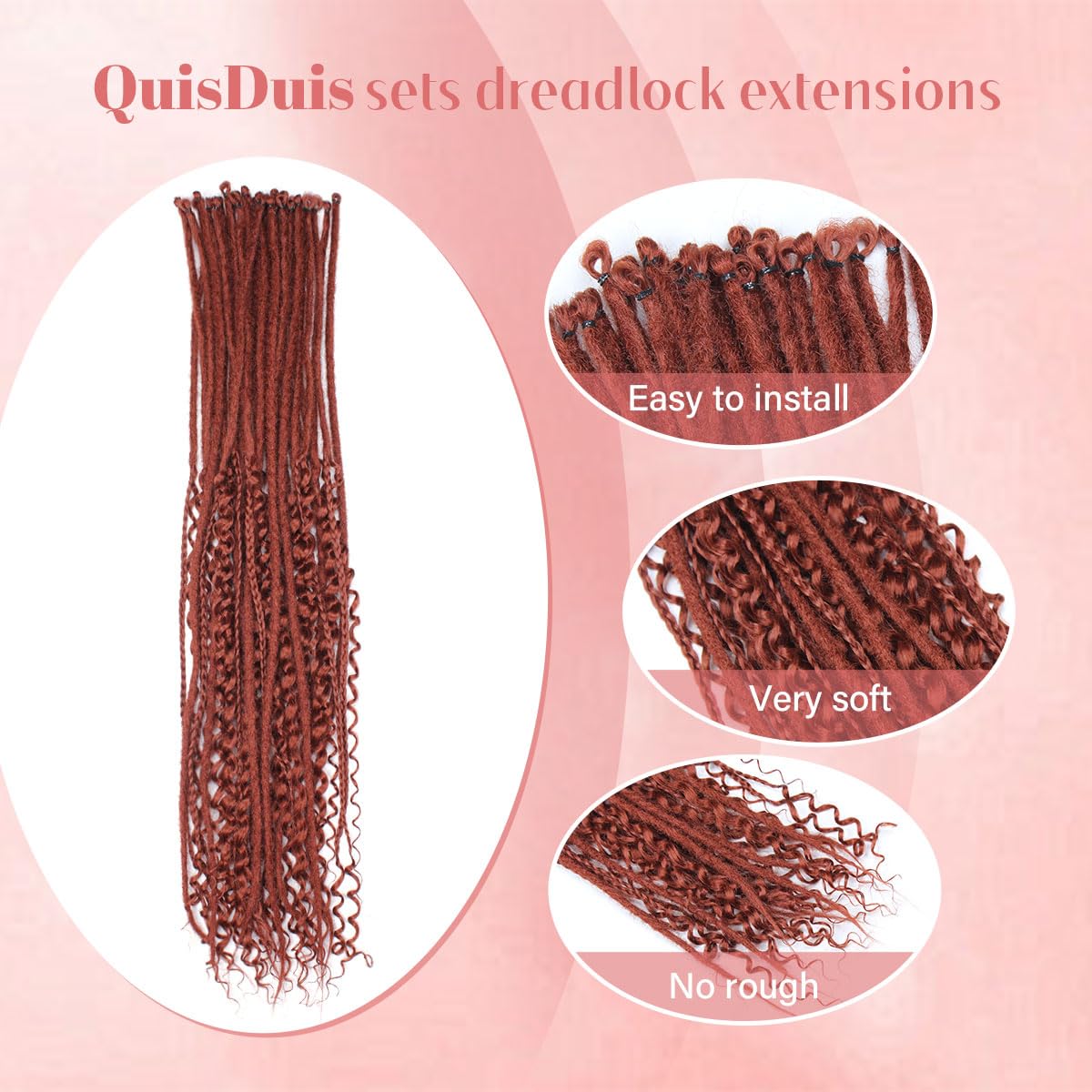 Quiduis 30 Inch 30 Strands SE Dreadlock Extensions,3 In 1 Mixed Synthetic Dreads Extensions,Maroon Red Curly&Straight&Boho Single Ended Dreads Extensions Hippie Style Dreadlock for Women…