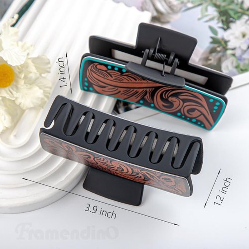 4 Pcs Western Hair Clips for Women, Yellow Chrysanthemum, Cow Print, Square Claw Clips, Vintage Print Western Claw Clips, Country Stuff Headdress Gifts for Women Girls (D)