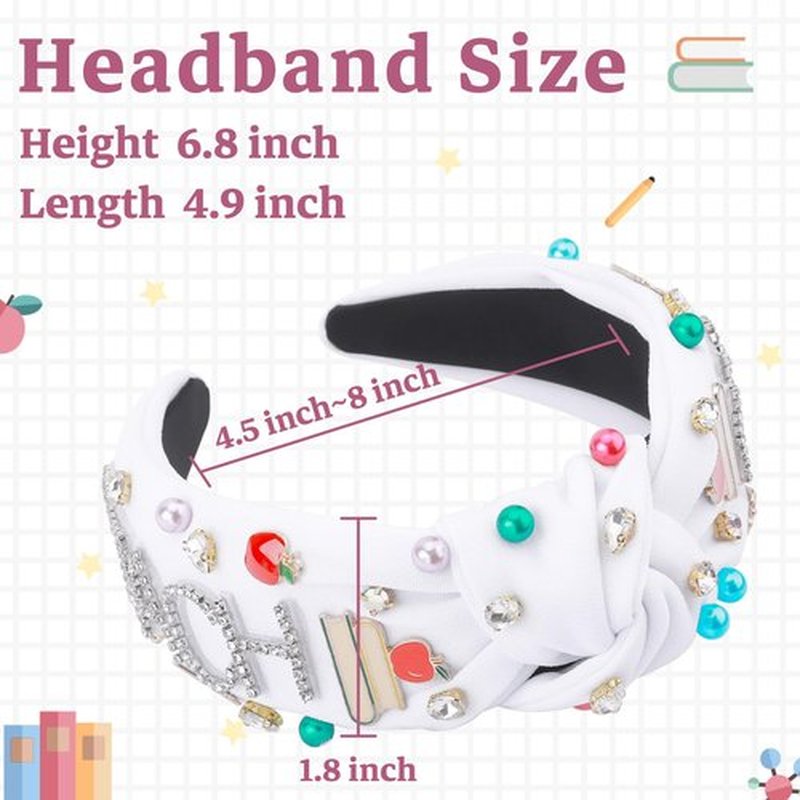 Teacher Headband for Women, Pearl Crystal Knotted Headband, Pencil Book Embellished Jeweled Top Knot Headband Teacher Hair Accessories for Back to School Teacher’s Day Appreciation Gifts (White)