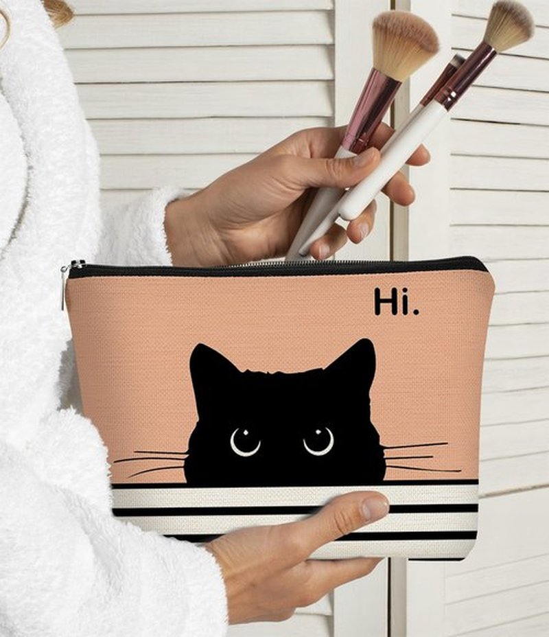 BARPERY Cat Makeup Bag, Cute Makeup Bag, Cat Gifts for Cat Lovers Women, Black Cat Gifts, Hi Black Cat Kitty Cosmetic Bag, Cat Makeup Pouch, Cat Stuff for Cat Lovers (Peach-1)