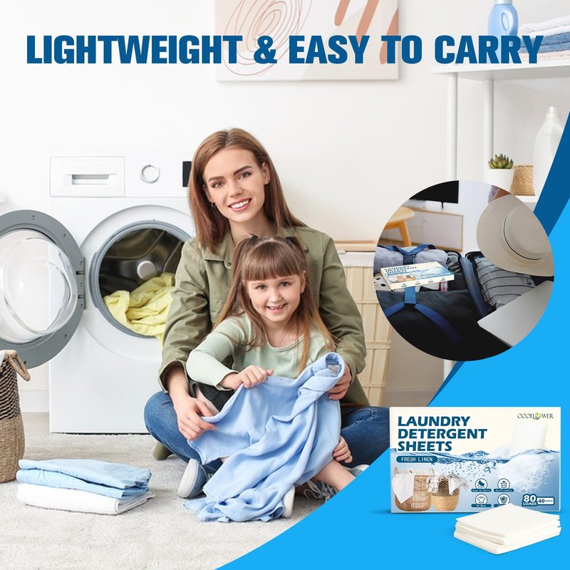 OOOFLOWER Laundry Detergent Sheets Up to 80 Loads (40 Sheets) Compact Washing Strips, Plastic-Free Liquidless Detergen, Space-Saving for Home Dorm Travel Camping, Fresh Linen