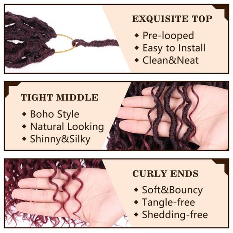 COOKOO 8 Packs Goddess Faux Locs Crochet Hair Burgundy Red 14 Inch Pre Looped Goddess Locs Crochet Hair Curly Crochet Locs Hair for Black Women Boho River Locs Synthetic Hair Extensions Tbug#