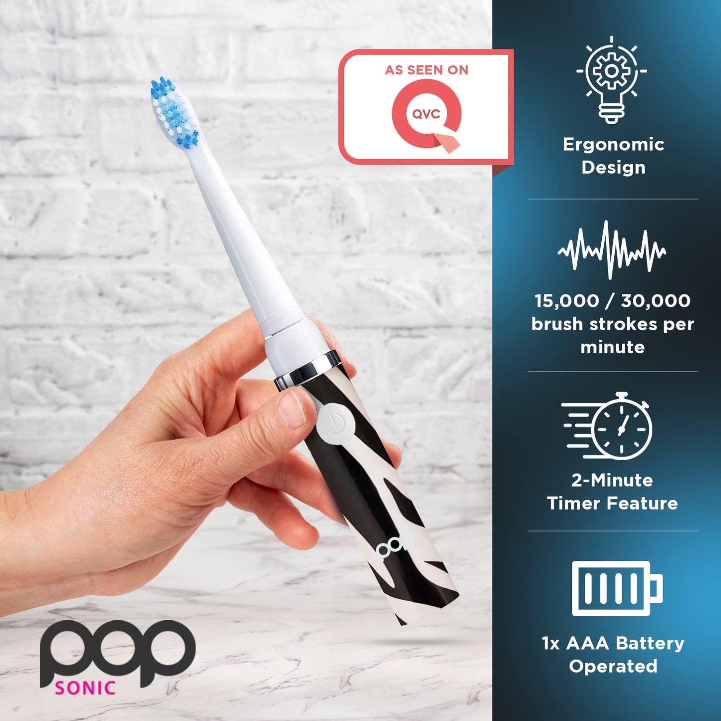 Pop Sonic Electric Toothbrush (Zebra) - Travel Toothbrushes w/AAA Battery | Kids Electric Toothbrushes with 2 Speed & 15,000-30,000 Strokes/Minute, Dupont Nylon Bristles