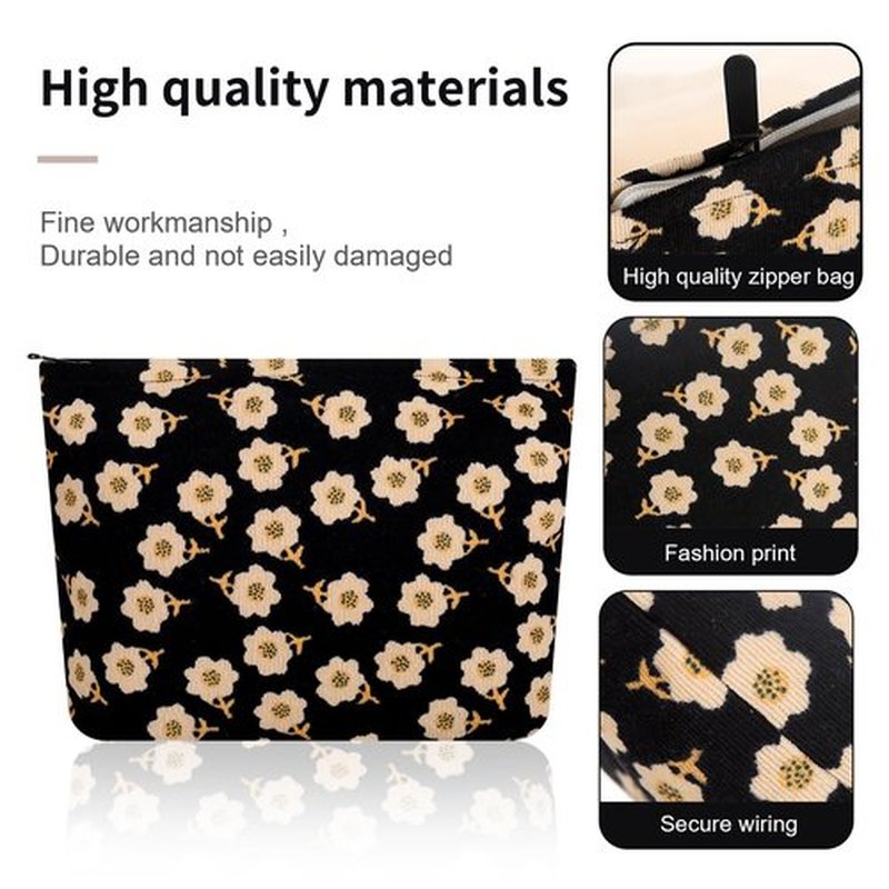 Wudimeitt Cosmetic bag Makeup bag Preppy Cute Corduroy Toiletry bag for women travel essentials (Flower black)