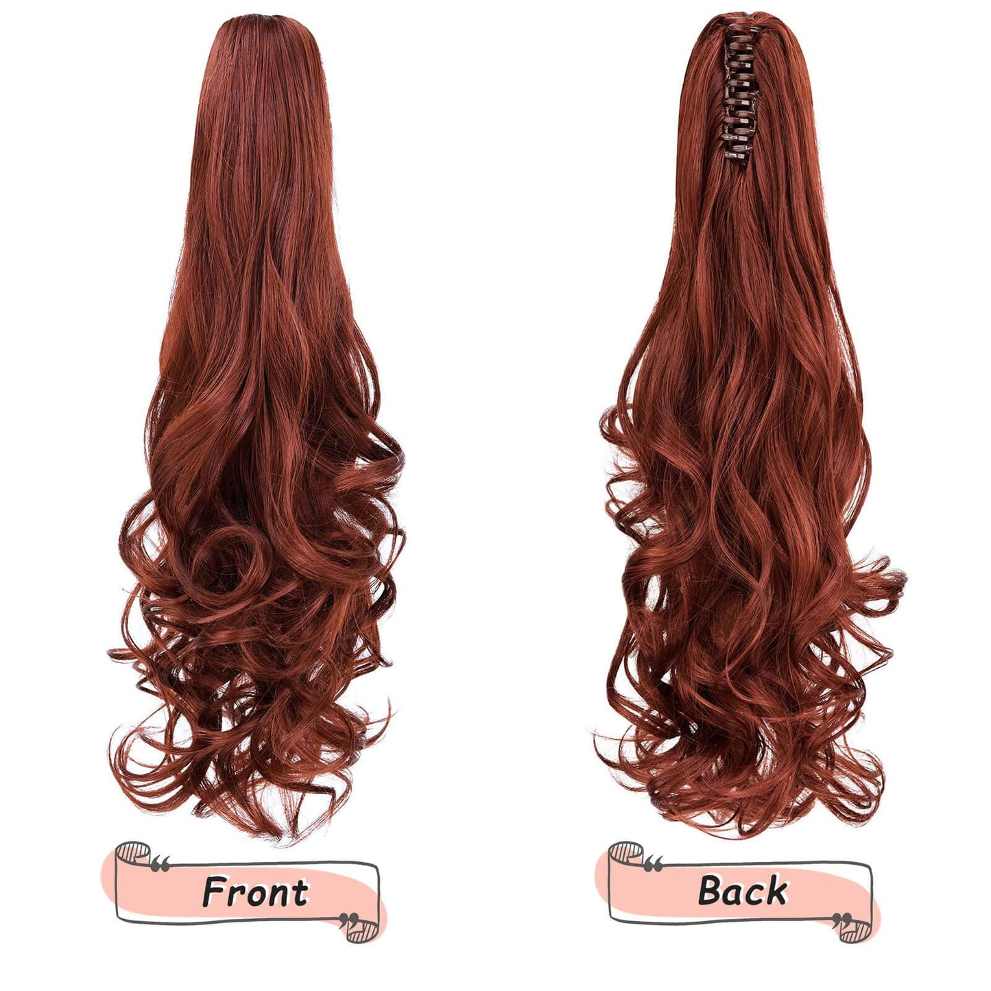 HEWEICSY Ponytail Extensions,Hair Extension Ponytail 22" Long Claw Hair Extension Synthetic Curly Wavy Hairpieces Ponytail Clip in Ponytail Wig Daily Fluffy Pony Tail for Women,4.8 OZ,Auburn