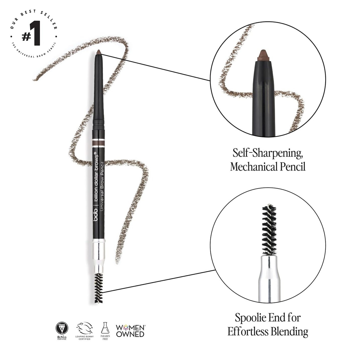 bdb Universal Eyebrow Pencil - Precision Tip & Spoolie, Waterproof, Define Shape & Fill Brows, 3-Pack