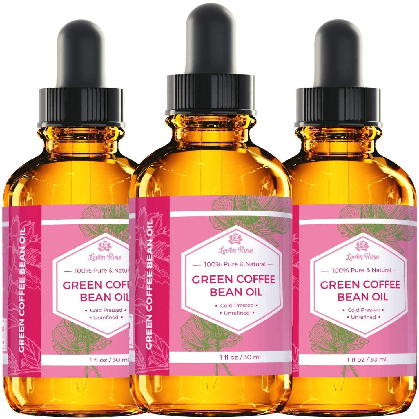 Leven Rose Green Coffee Bean Oil 100% Natural Pure Cold Pressed Unrefined Coffeebean Oil For Around Eyes, Face, Nails, Skin, And Hair- 1 oz Bottle (1 ounce)