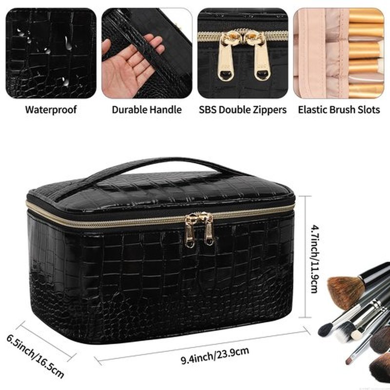 OCHEAL Makeup Bag, Portable Cosmetic Bag, Large Capacity Travel Makeup Case Organizer, Black Makeup Bags for Women Toiletry Bag for Girls Traveling With Handle and Divider-Leather
