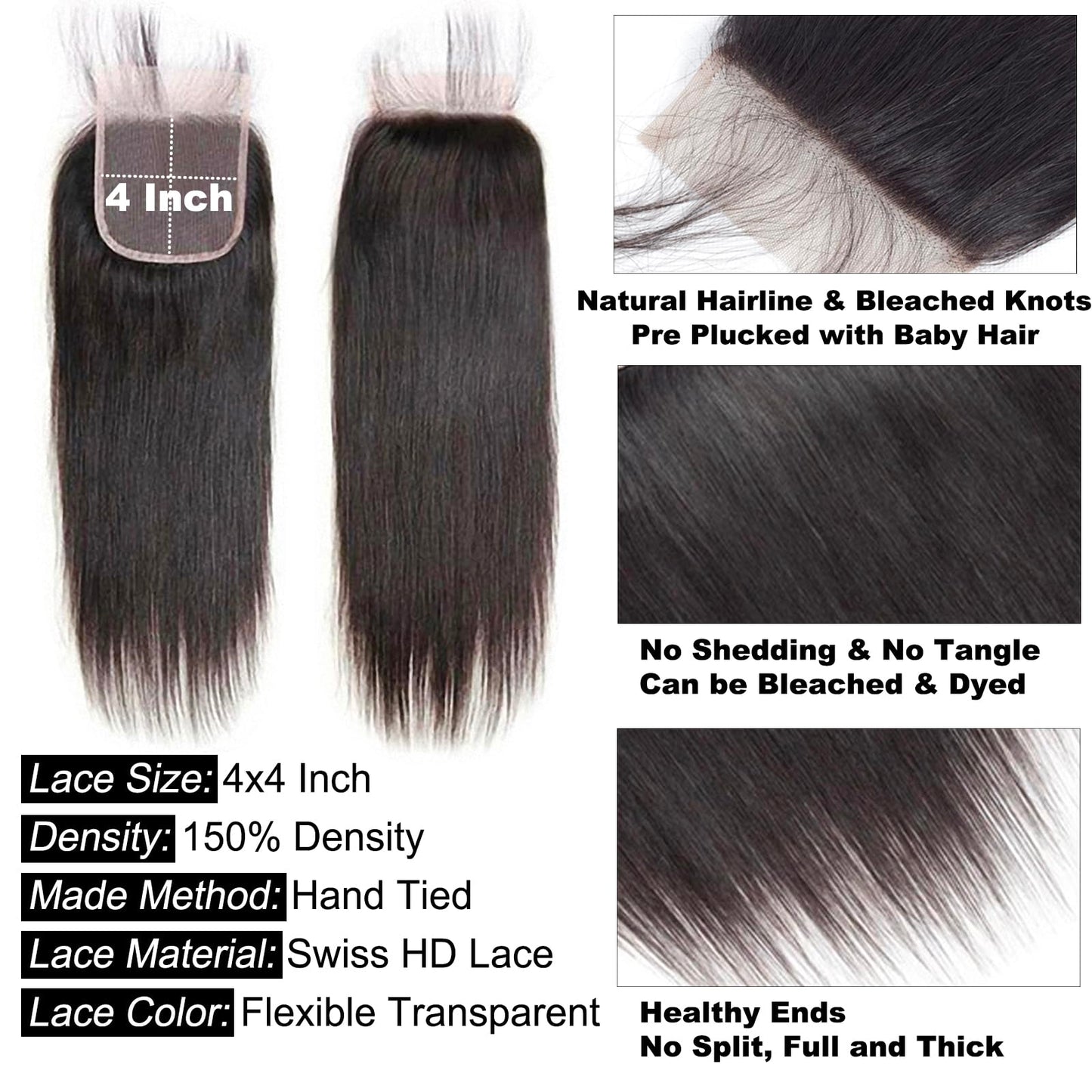 MARUVI 4x4 HD Lace Closure Human Hair Straight Transparent HD Lace Closure 100% Unprocessed 12A Brazilian Virgin Remy Human Hair Free Part Pre Plucked with Baby Hair Natural Black (18 Inch)